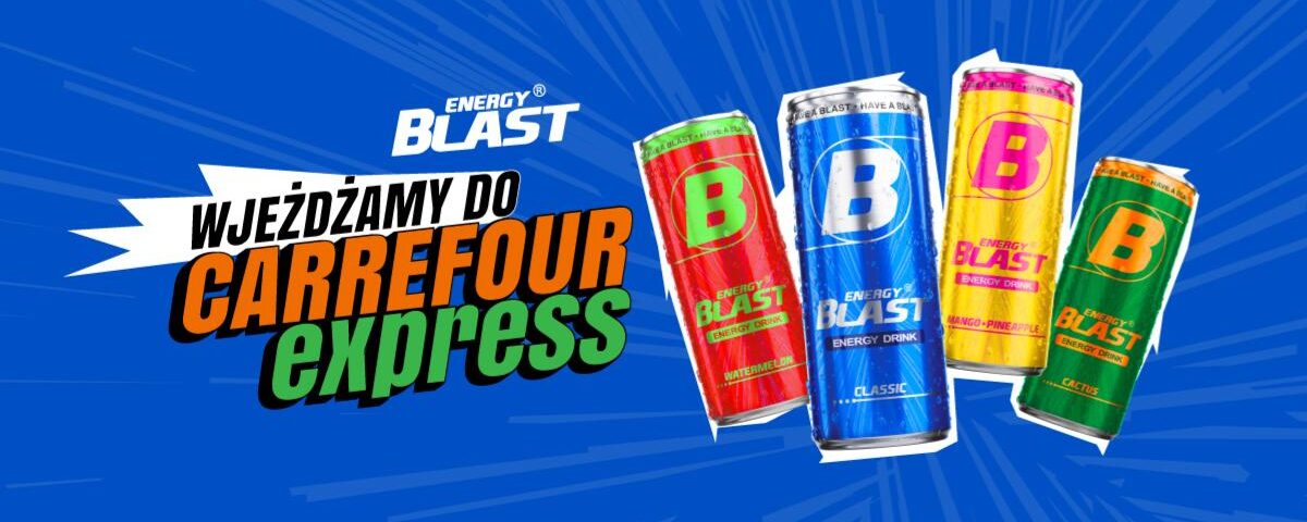 Grafika przedstawia cztery smaki energy drinka energy blast i informuje o dostępności energy blast w carrefour express