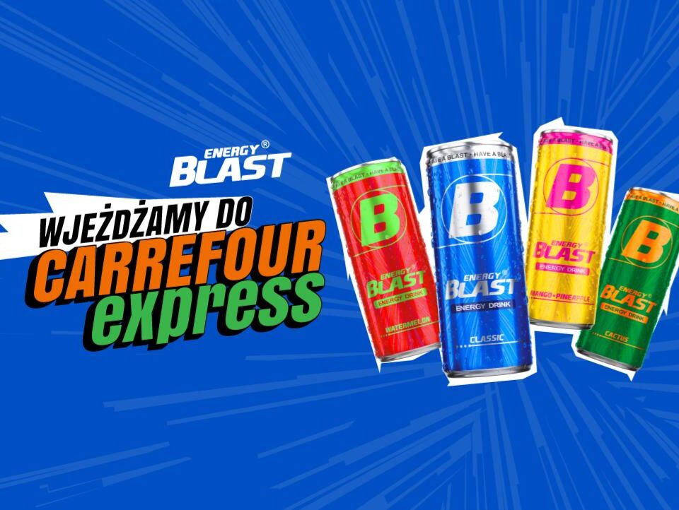 Grafika przedstawia cztery smaki energy drinka energy blast i informuje o dostępności energy blast w carrefour express